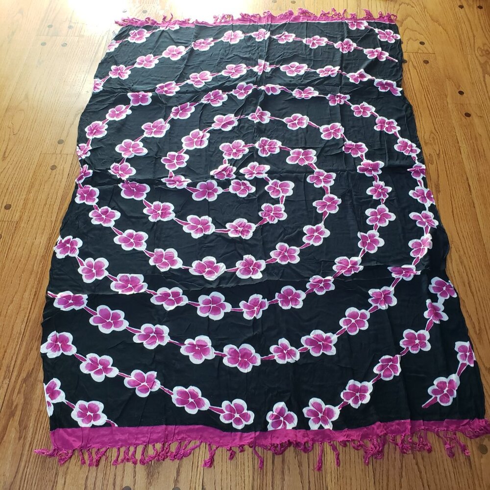 Hawaiian Floral Fringe Sarong Pareo Swim Cover Up wrap Black